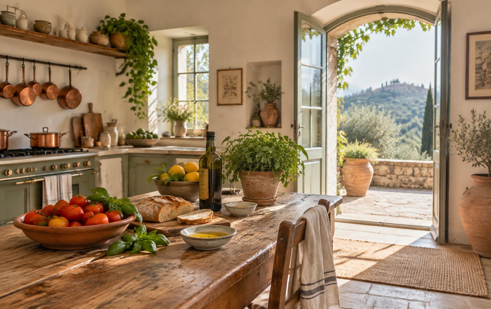 Sunlit rustic Italian kitchen with herbs, olive oil and lemons